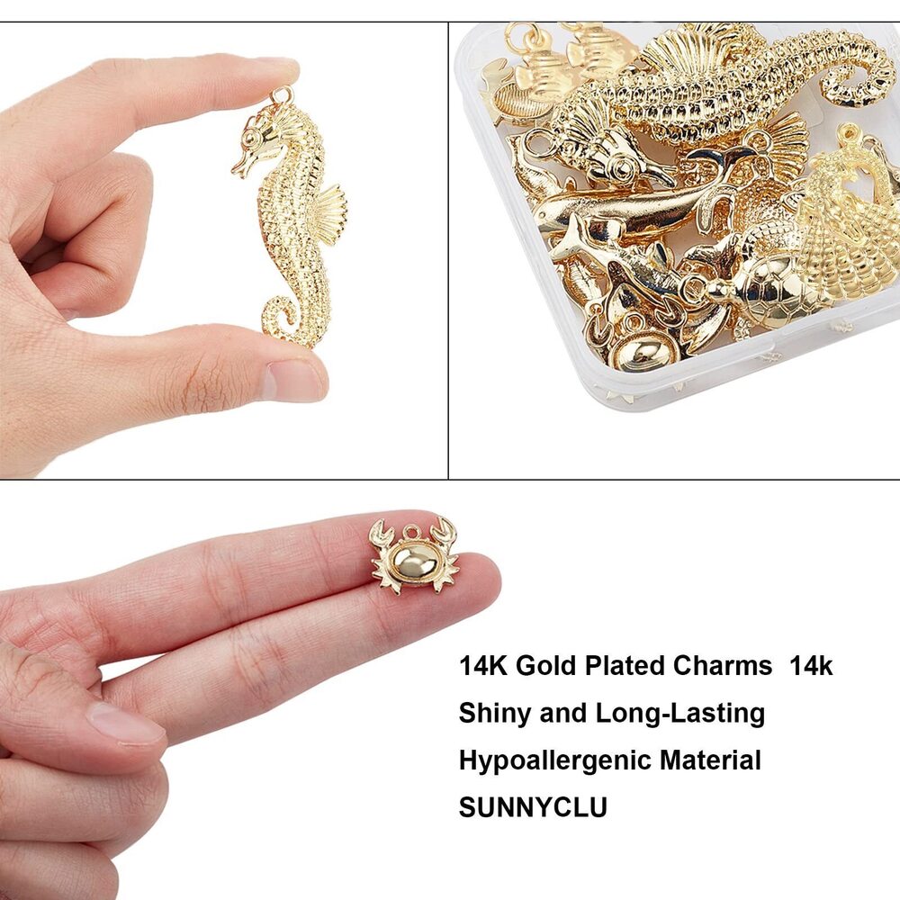 4939 1 Box 16Pcs 8 Styles Real 14K Gold Plated Charms Gold Sea Theme Animal - Picture 3 of 7